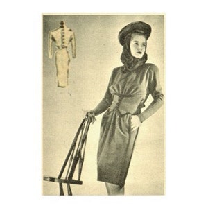 Vintage 92cm/36&quot; bust size 1940s fitted batwing sleeve, gathered bodice, front closure midriff and accentuated skirt dress sewing pattern.