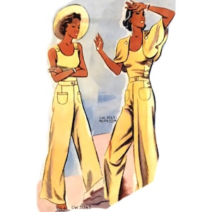 May include: Two women wearing yellow wide-leg pants and sleeveless tops. One woman is wearing a hat and the other is holding her hand to her forehead.