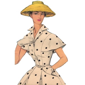 Vintage 92cm/36" bust size 1950s summer dress with cape sleeve, front button closure bodice and skirt with large pockets sewing pattern