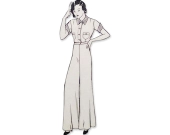 Patrón de costura para pijama/traje de estar en casa, camisa de manga corta vintage de los años 30 con bolsillos en el pecho y pantalones de pierna ancha con cierre lateral, talla de busto de 84 cm/33 pulgadas.