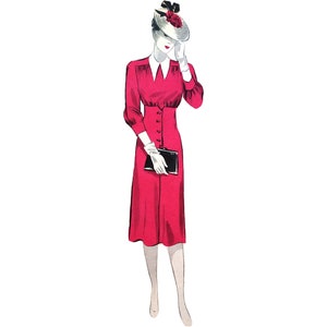 May include: A woman in a red dress with a white collar and a black purse. She is wearing a white hat with a black ribbon and a red flower.