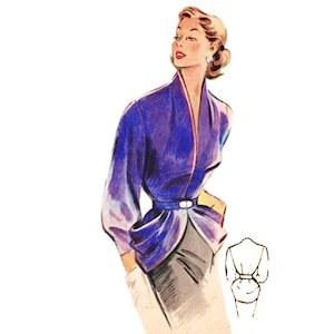 Vintage  92cm/36&quot; bust size 1950s draped peplum 3/4th length sleeve surplice blouse /shirt sewing pattern