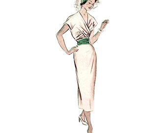 Vintage 96cm 38" bust size 1950s short sleeve and diagonal front bodice drapery over a straight skirt dress sewing pattern