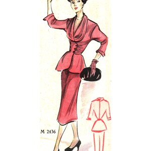 May include: A vintage fashion illustration depicting a woman in a red suit with a peplum jacket and pencil skirt. She wears a black hat with a feather, black heels, and carries a black purse. The illustration is labelled "M 2436".
