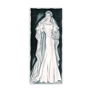 Puede incluir: Una ilustración en blanco y negro de una novia con un vestido de novia blanco, un velo largo y una corona de flores. Lleva un ramo de flores.