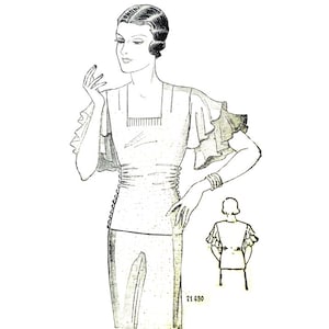 Vintage 96cm/38&quot; bust size 1930s square neckline bodice and flutter sleeve blouse / shirt sewing pattern.
