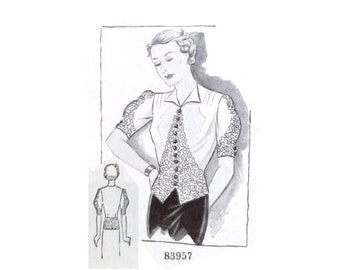 Vintage 102cm/40" bust size 1930s short sleeve summer blouse sewing pattern