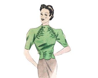 Vintage 92cm/36" bust size 1930s short or long raglan sleeve high neckline blouse sewing pattern.