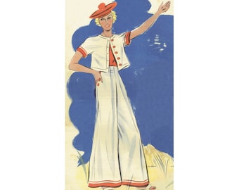 Patrón de costura para traje de playa vintage de los años 30, talla de busto de 92 cm/36", pantalones de pierna ancha y cintura alta y chaqueta de manga corta