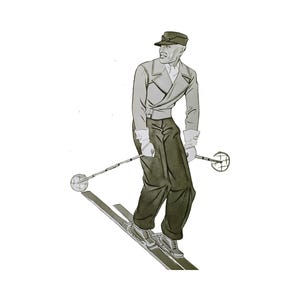 Może przedstawiać: Ilustracja w stylu vintage przedstawiająca narciarza w czapce z daszkiem, dwurzędowej kurtce i ciemnych spodniach. Postać jest wyposażona w długie narty oraz dwa kijki z okrągłymi talerzykami, uchwycona w dynamicznej pozie z głową zwróconą w bok.