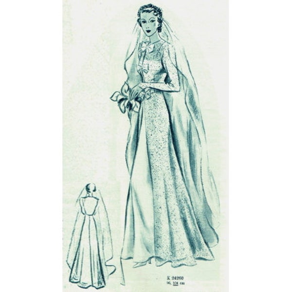 Vintage 96cm / 38 « ou 104cm / 40,9 » buste taille 1930s robe sans manches et manteau à manches longues ajusté robe de mariée / robe de mariée motif de couture