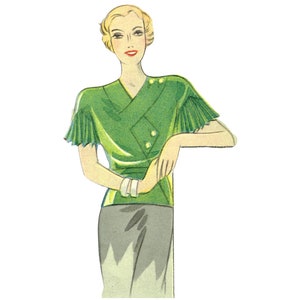 Vintage 90cm/35&quot; bust size 1930s short sleeve diagonal cross front button closure blouse sewing pattern
