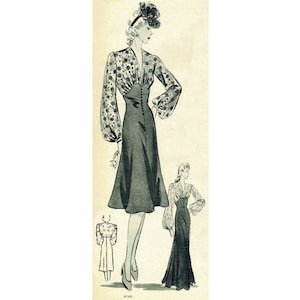 Vintage 102cm/40&quot; bust size 1930s long puff sleeve summer day or evening dress sewing pattern.