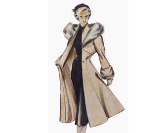 Vintage 96cm 38" bust size 1950s long princess seam, kimono sleeve winter coat sewing pattern.