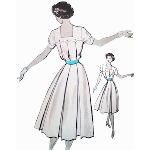May include: A vintage illustration of two women wearing white dresses with a square neckline and short sleeves. The dress on the left has a turquoise belt. The dress on the right has a turquoise sash.