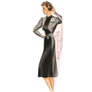 Vintage 40&quot;/102cm bust size 1940s color block day dress with faux bolero jacket bodice and front waist tie sewing pattern.