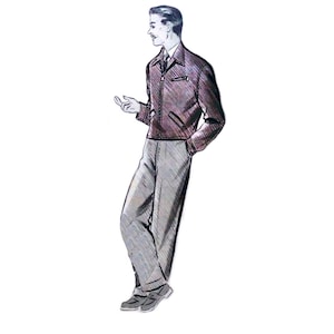 Puede incluir: Ilustración de una persona con una chaqueta burdeos con cremallera, una camisa blanca con cuello y pantalones grises. La chaqueta tiene un pequeño bolsillo en el pecho. La persona lleva zapatos grises y está apoyada en algo.