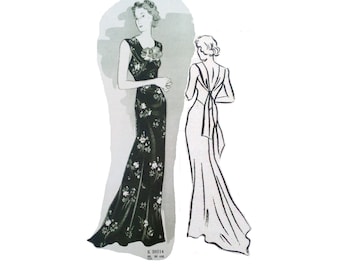 1930s Evening Dress Sewing Pattern, Sleeveless Open Back Bust 34"