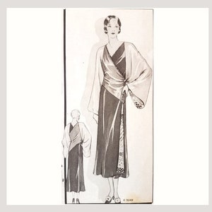 Vintage 92cm/ 36&quot; bust size 1930s diagonal cut wrap front and wide sleeve house coat / robe sewing pattern.