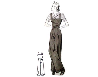 Vintage 96 cm/38" borstomvang jaren 1940 overall broek met wijde pijpen en omgevouwen manchetten naaipatroon.