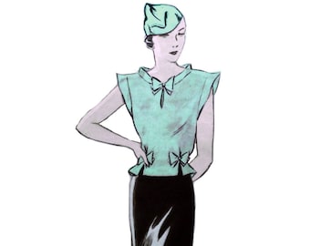 Patrón de costura para blusa vintage de manga corta de los años 30, talla de busto 88 cm/34,6"