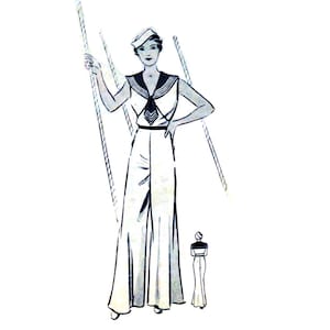 Vintage  90cm/35&quot; bust size 1930s beach suit / girls sailors suit with sleeveless shirt top and wide leg trousers sewing pattern