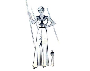 Vintage 90cm/35" busto tamaño 1930s traje de playa / traje de marineros para niñas con camisa sin mangas y pantalones de pierna ancha patrón de costura