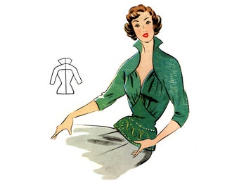 Vintage 96cm 38" bust size 1950s 3/4th length sleeve, high collar blouse / shirt sewing pattern