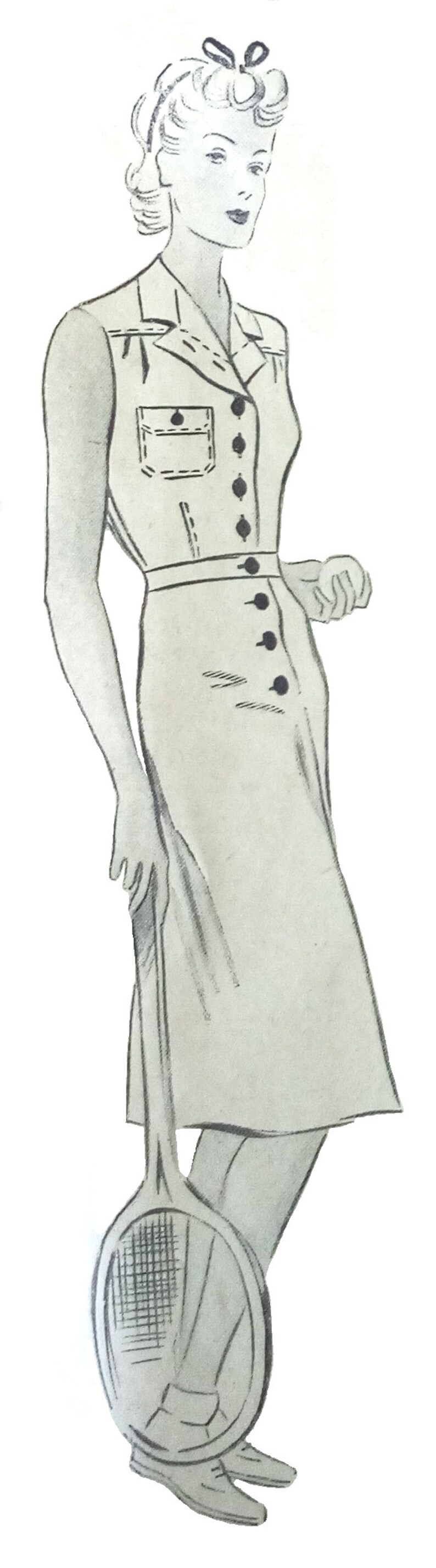 Puede incluir: Una ilustraci&oacute;n en blanco y negro de una mujer con un vestido sin mangas con botones y un bolsillo. Ella est&aacute; sosteniendo una raqueta de tenis.