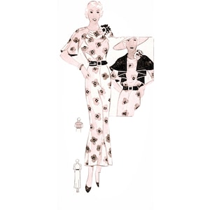 May include: A vintage illustration of a woman wearing a floral print jumpsuit with a wide-leg silhouette. The jumpsuit has a fitted bodice and a belt. The woman is also wearing a hat.
