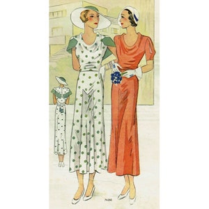 May include: Two women wearing long dresses and hats. The woman on the left is wearing a white dress with green polka dots and a green collar. The woman on the right is wearing a solid red dress with a white collar.