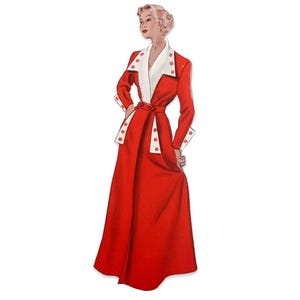 Könnte beinhalten: Vintage Illustration einer Frau in einem langen, roten Kleid mit weißem Kragen und Manschetten. Das Kleid hat einen Gürtel und ist mit kleinen roten Punkten verziert. Die Frau hat blondes Haar und posiert klassisch.