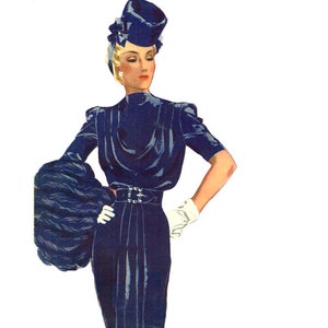 Vintage 96cm/38&quot; bust size 1940s short sleeve pleated shoulderline bodice and skirt front day dress sewing pattern.