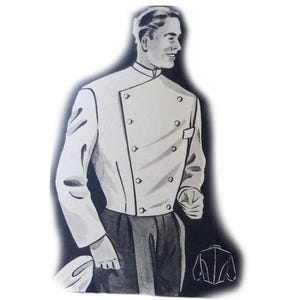May include: Illustration of a person wearing a white double-breasted jacket with black pants. The jacket has a high collar and multiple buttons. The person is holding a hat. A small sketch of the jacket is in the lower right corner.