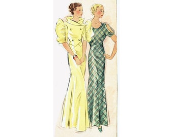 May include: Two women wearing long dresses. The woman on the left is wearing a yellow dress with puffed sleeves and a double-breasted bodice. The woman on the right is wearing a green plaid dress with a scoop neck and cut-out shoulders.