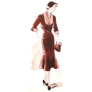 May include: A woman in a brown dress with a fitted bodice and a flared skirt. She is wearing a black hat and white gloves and carrying a small brown purse.