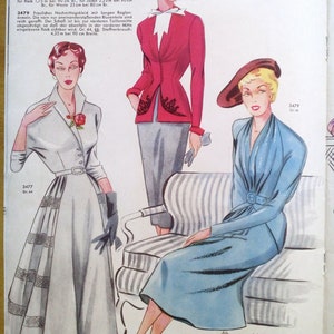 May include: Three vintage fashion illustrations of women wearing dresses. The woman on the left is wearing a white dress with a black belt and a black lace trim. The woman in the middle is wearing a red jacket with a gray skirt. The woman on the right is wearing a light blue dress with a black belt and a black hat.
