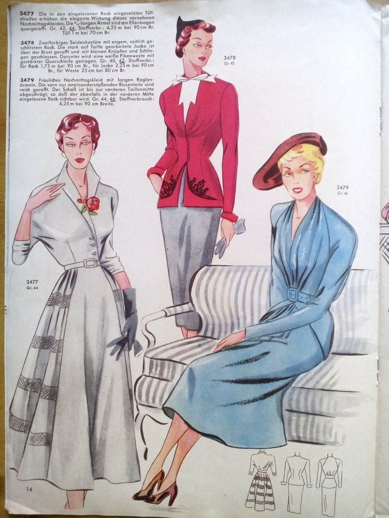 May include: Three vintage fashion illustrations of women wearing dresses. The woman on the left is wearing a white dress with a black belt and a black lace trim. The woman in the middle is wearing a red jacket with a gray skirt. The woman on the right is wearing a light blue dress with a black belt and a black hat.