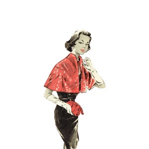 May include: A vintage-style illustration of a figure wearing a red short-sleeved bolero jacket with a delicate white floral pattern over a black dress. The figure wears long white gloves and holds a small red clutch purse in a classic pose.