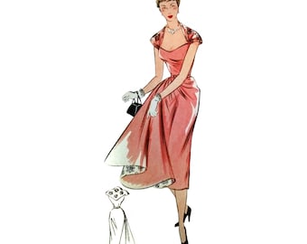 Vintage 92cm 36" bust size 1950s draped skirt front and short cap sleeve taffeta cocktail dress /prom dress/ball gown sewing pattern.