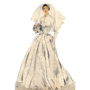 Vintage 96 cm/38&quot; borstomvang jaren 1950 lange kimonomouwen en aansluitend middenrif trouwjurk / bruidsjurk / naaipatroon bruidsjurk