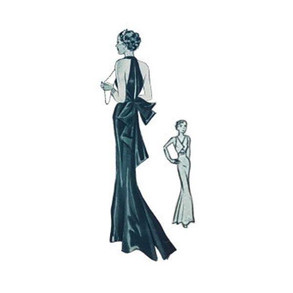 Vintage 100cm/39" bust size 1930s sleeveless halterneck back bow formal dress, evening dress sewing pattern.