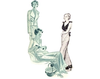 Pijama vintage de los años 30 con pantalones cruzados, sin mangas y piernas anchas, talla de busto de 96 cm/38", más patrón de costura de chaqueta de manga larga a juego.