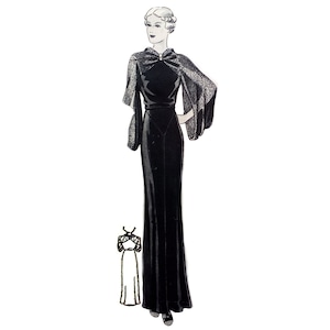 May include: A black velvet evening gown with a lace overlay and a fitted bodice. The gown has a long, flowing skirt and a high neckline. The model is wearing the gown with a simple hairstyle and minimal jewelry.