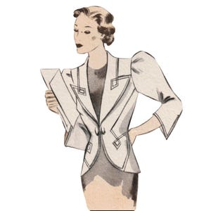 Può includere: Illustrazione ad acquerello di una donna con una giacca bianca con dettagli geometrici e un vestito scuro. La giacca ha maniche a sbuffo e chiusura con un bottone. La donna tiene in mano una pila di fogli.