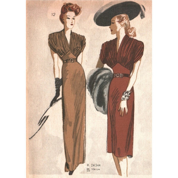 Robe de cérémonie vintage des années 40, taille de buste de 96 cm/38 po., modèle de couture de robe de soirée à manches courtes avec corsage froncé/froncé.