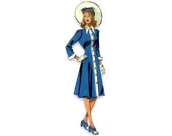 Vintage 92cm 36" bust size 1940s fitted bodice front button closure shirt dress sewing pattern.