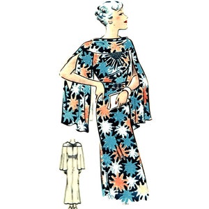 May include: A vintage illustration of a woman wearing a long, blue and white patterned dress with a cape. The dress has a starburst pattern and a belt at the waist. The woman has short, blonde hair and is wearing a bracelet on her wrist.