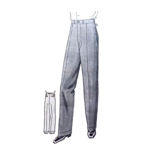 May include: Illustration of gray trousers with a high waist, belt loops, and a straight leg design. The pants are paired with black and white shoes. A smaller, detailed sketch of the trousers is also included.