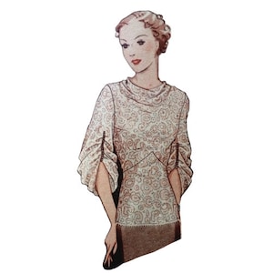 May include: A vintage illustration of a woman wearing a white blouse with a floral pattern. The blouse has a high neckline and three-quarter sleeves. The woman has short, wavy hair and is looking to the side.